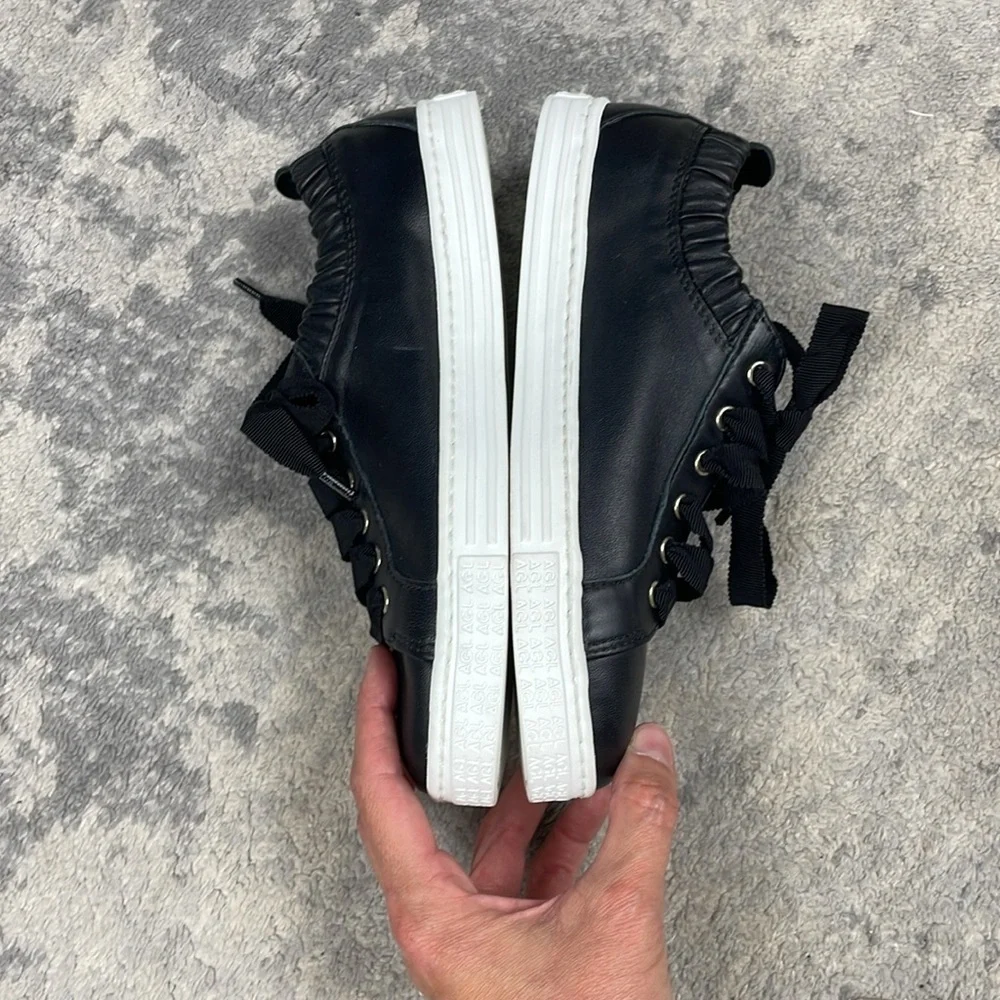 New AGL Suzie Elasticated Opening Sneakers Black Leather Lace Up Sz 36.5
